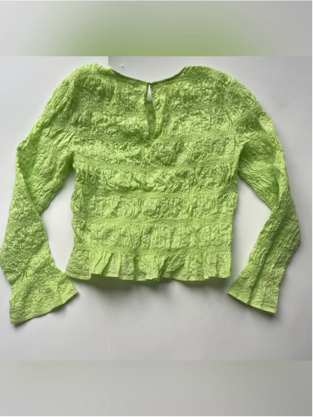 Frame Neon Green Smocked Ruffle Blouse Cotton Long Sleeve Top Small - Picture 5 of 7